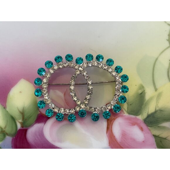 Vintage 1950s Blue Clear Rhinestone Double Eternity Circle Brooch - Picture 7 of 7